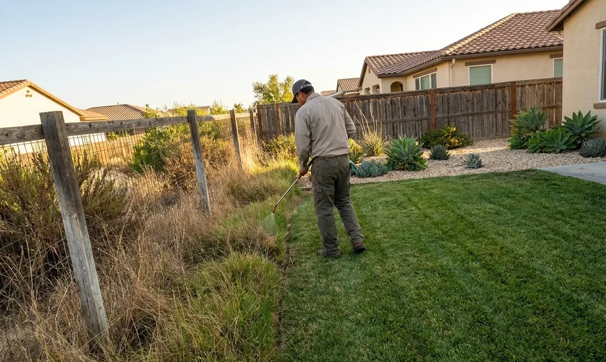 Technician treating the line where irrigated grass gives way to dry brush along a back fence