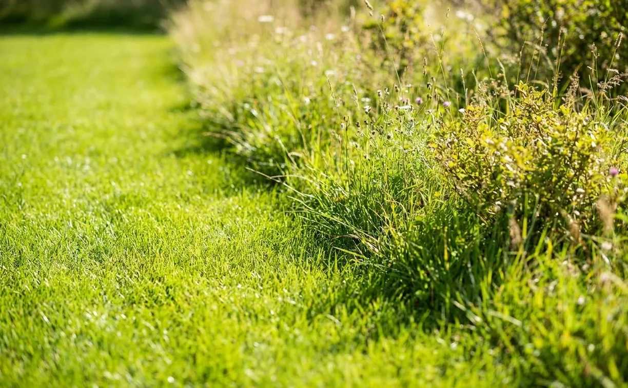 Cut grass meeting taller unmown growth, the edge where ticks wait Cut grass meeting taller unmown growth, the edge where ticks wait