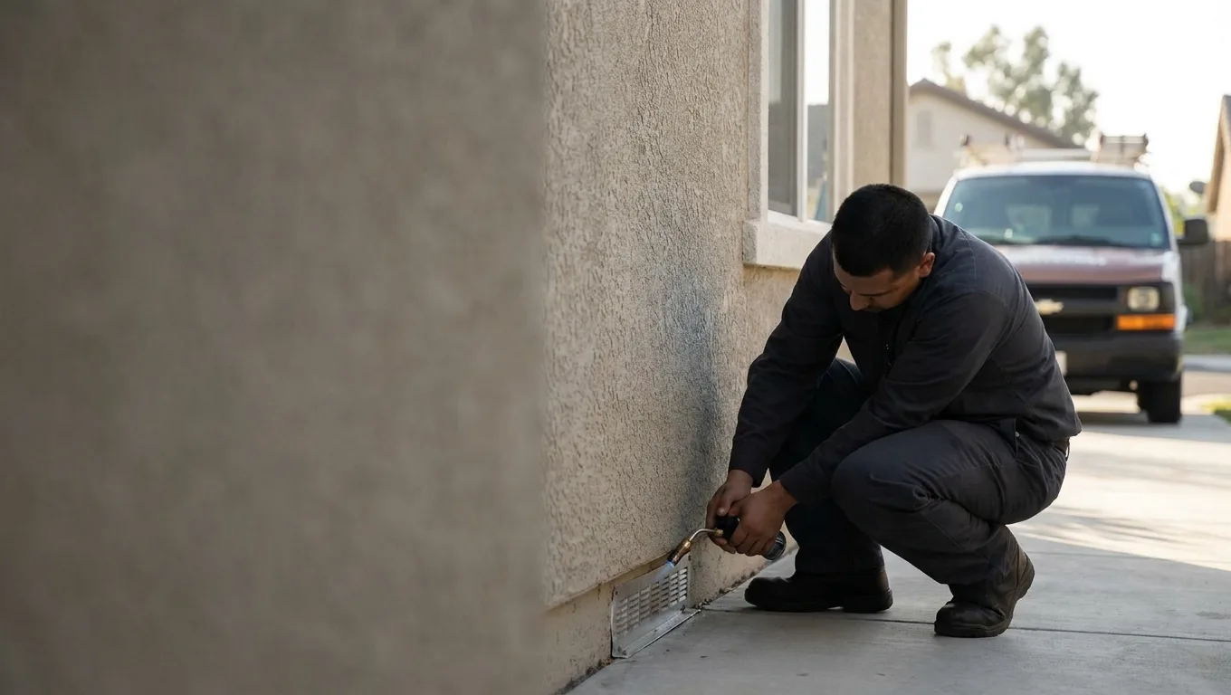 Technician checking the sealed weep screed along the base of a stucco wall on a scheduled visit
